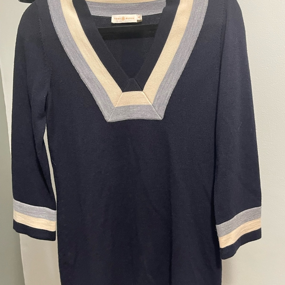 Tory Burch Cicada 100% Merino Wool V-neck Navy Sweater XS